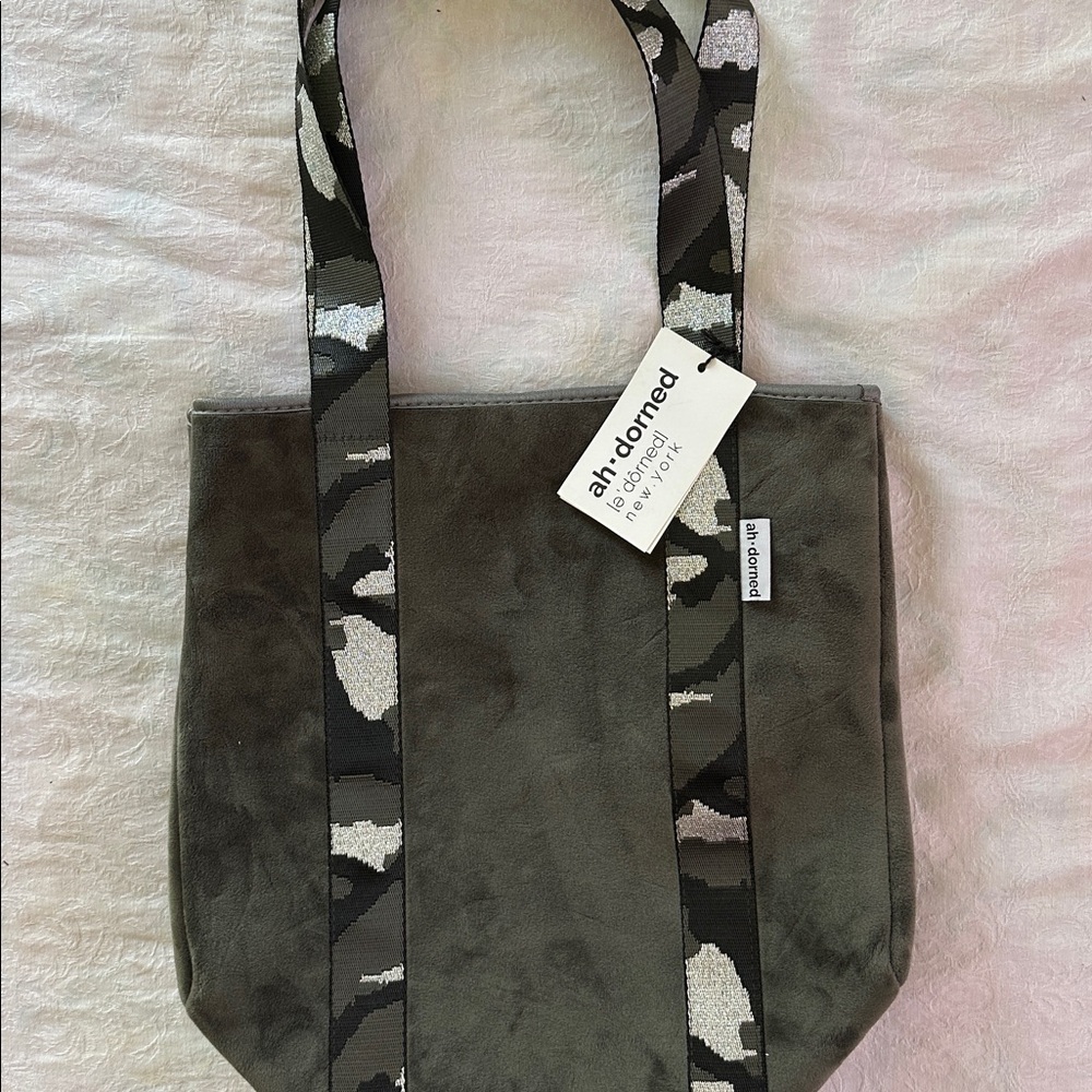 New Ahdorned Velour Tote Bag in Gray with Army Camo Straps